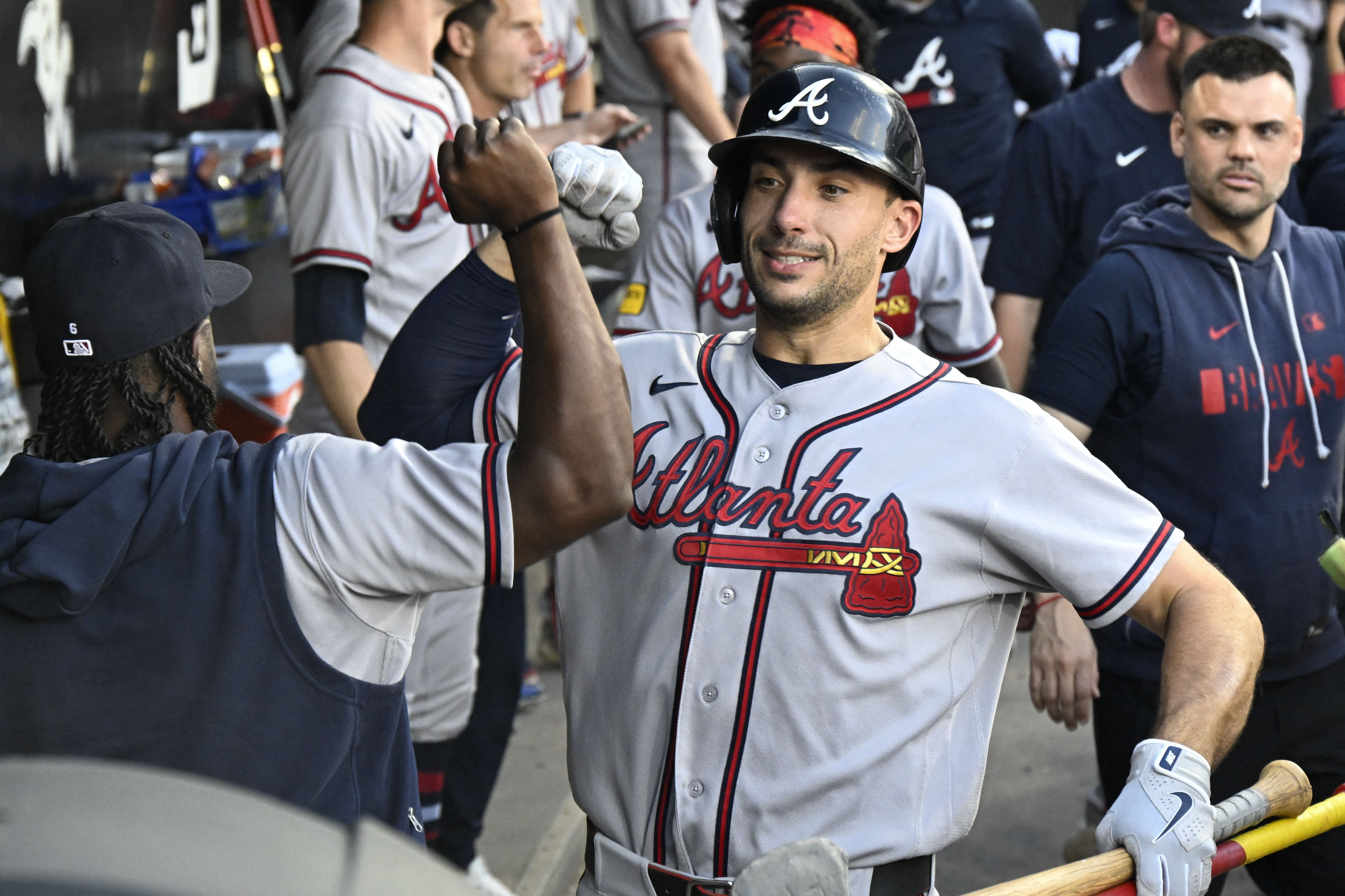 Atlanta Braves first baseman Matt Olson (28) celebrates in the dugout after hitting a home run as we break down our Braves vs. Mets win probability.