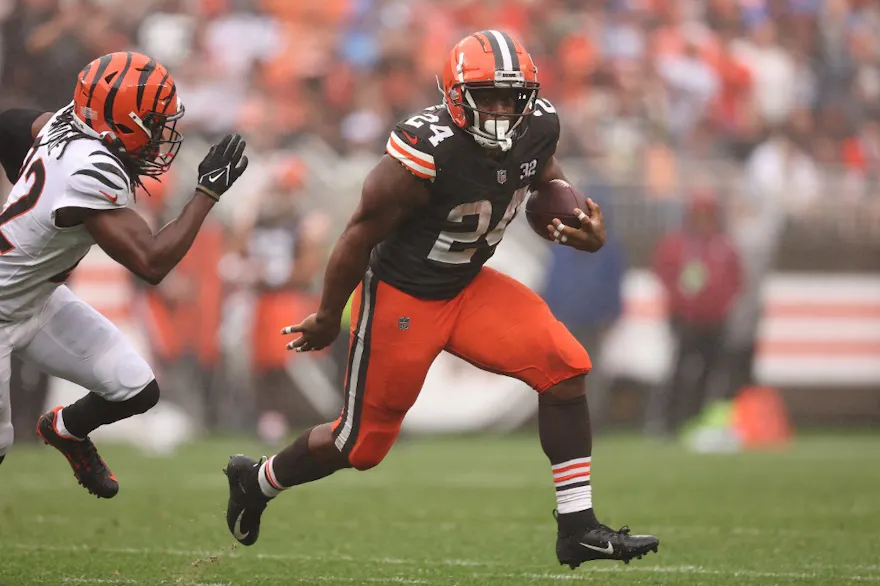 Nick Chubb of the Cleveland Browns plays against the Cincinnati Bengals in Week 1 of the 2023 NFL season, and we offer our top Nick Chubb trending player props for Monday Night Football based on the best NFL odds.