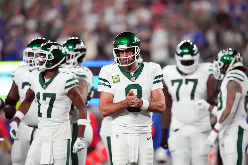 New York Jets QB Aaron Rodgers during last season's opener as we look at our Aaron Rodgers MNF Player Props for Jets vs. 49ers.