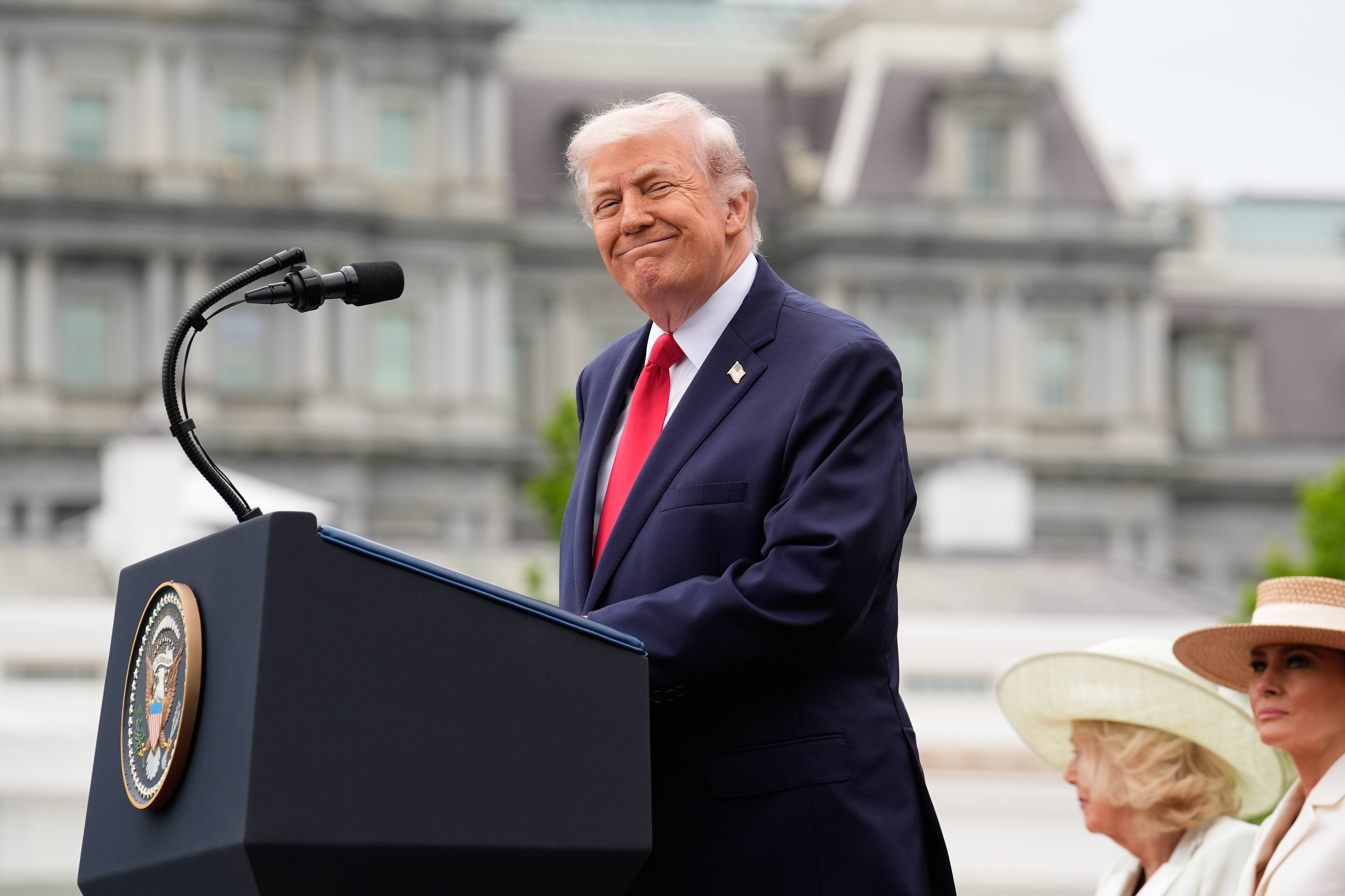 US President Donald Trump speaks onstage during state arrival ceremony of King Charles III and Queen Camilla on the South Lawn of the White House on April 28, 2026 in Washington, DC.