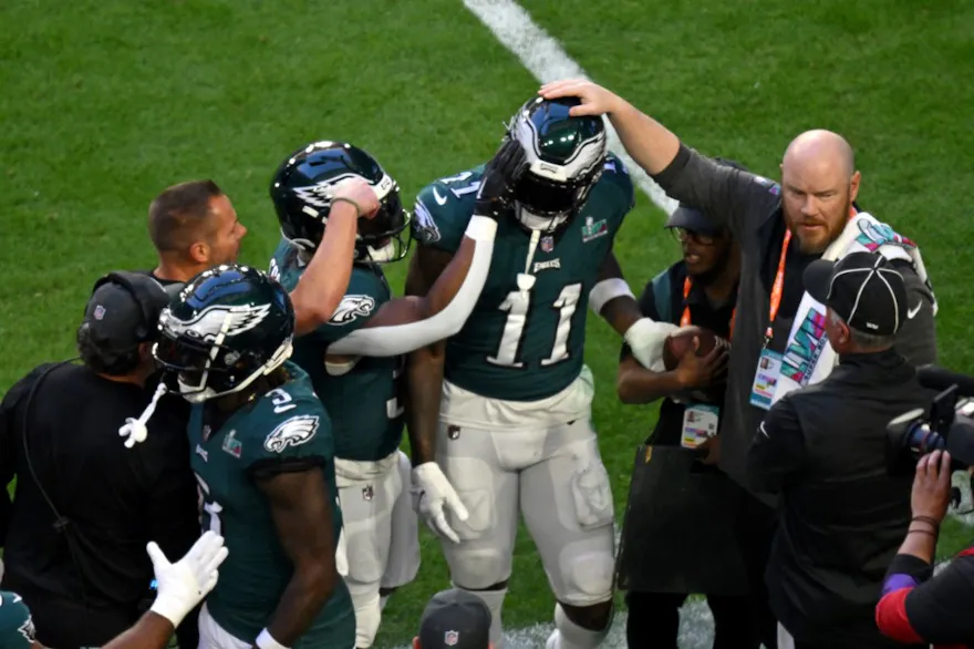 Players celebrate Philadelphia Eagles' wide receiver A.J. Brown's touchdown during Super Bowl LVII as we give our best A.J. Brown player props for Eagles vs. Chiefs Week 11 Monday Night Football