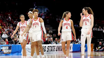 Celeste Taylor #12 of the Ohio State Buckeyes, Taiyier Parks, Rikki Harris, Jacy Sheldon, and Emma Shumate walk up the court as we look at the sportsbook financials for the Buckeye State in March 2024