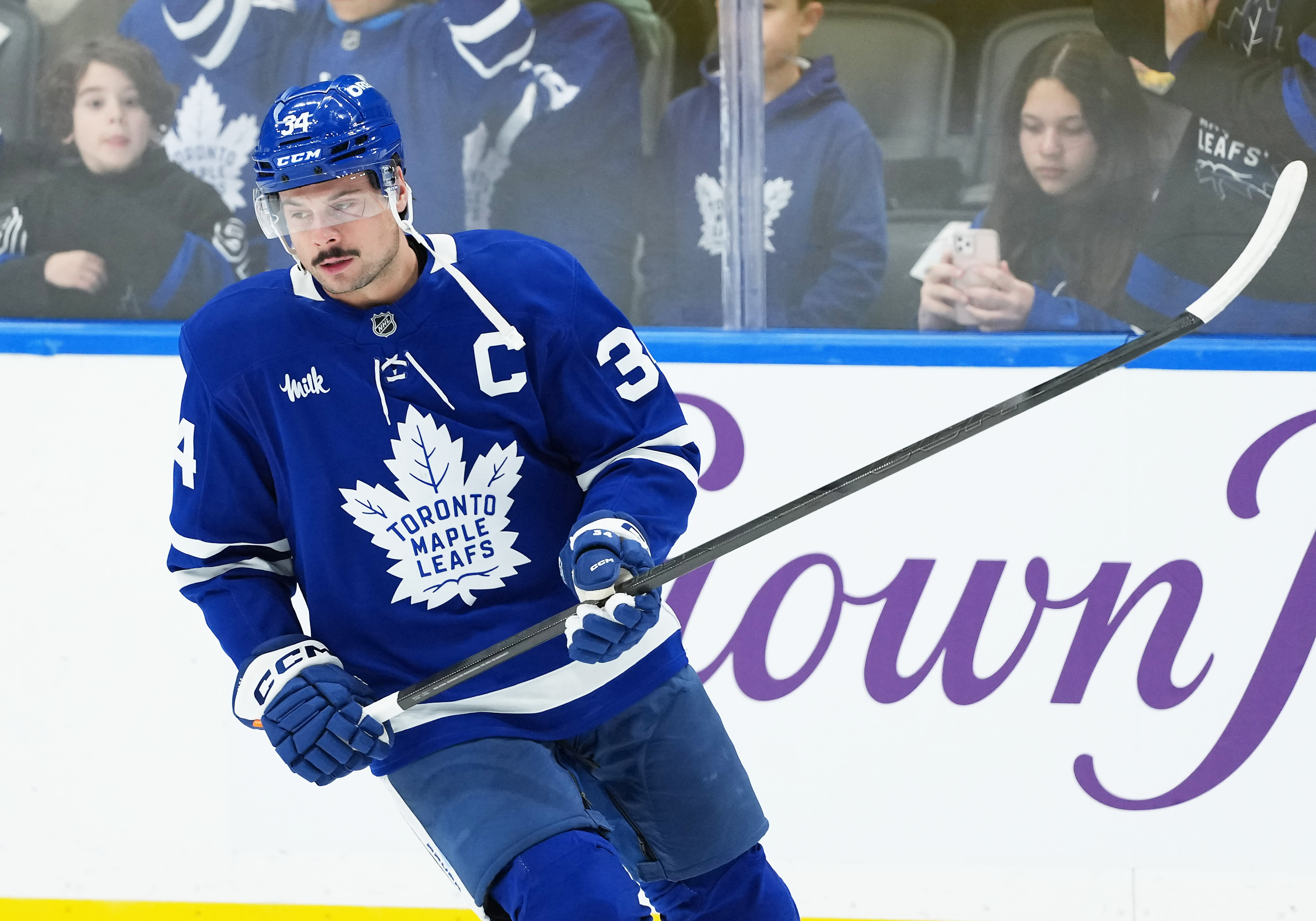 Toronto Maple Leafs center Auston Matthews (34) skates as we offer our NHL anytime goal scorer predictions today.