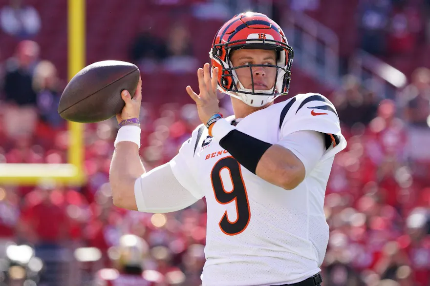 Joe Burrow of the Cincinnati Bengals warms up prior to a game against the San Francisco 49ers as we look at our Josh Allen vs. Joe Burrow prop picks.