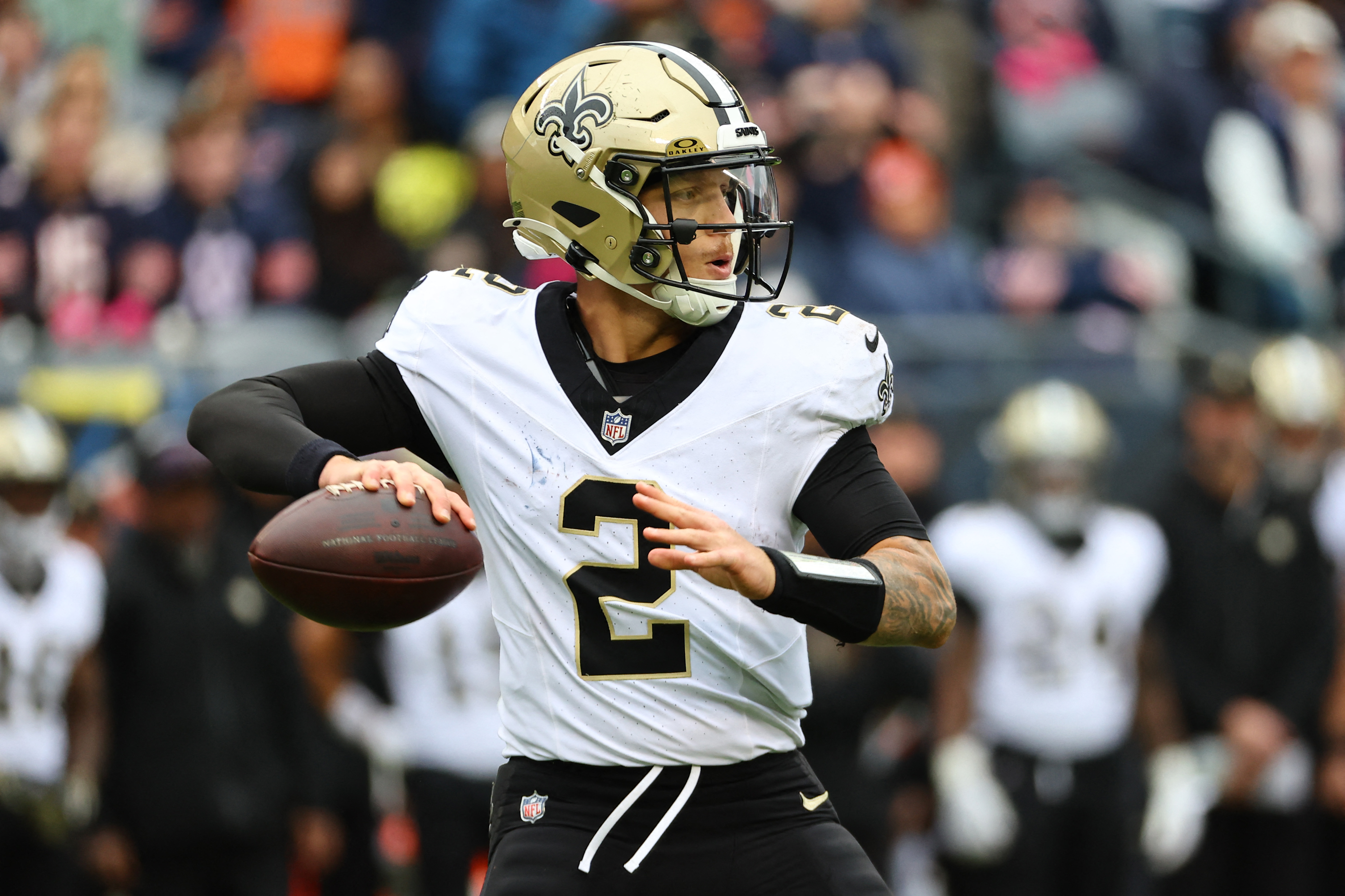 New Orleans Saints quarterback Spencer Rattler (2) drops back to pass as we provide our Jaguars vs. Saints prediction for the NFL preseason.