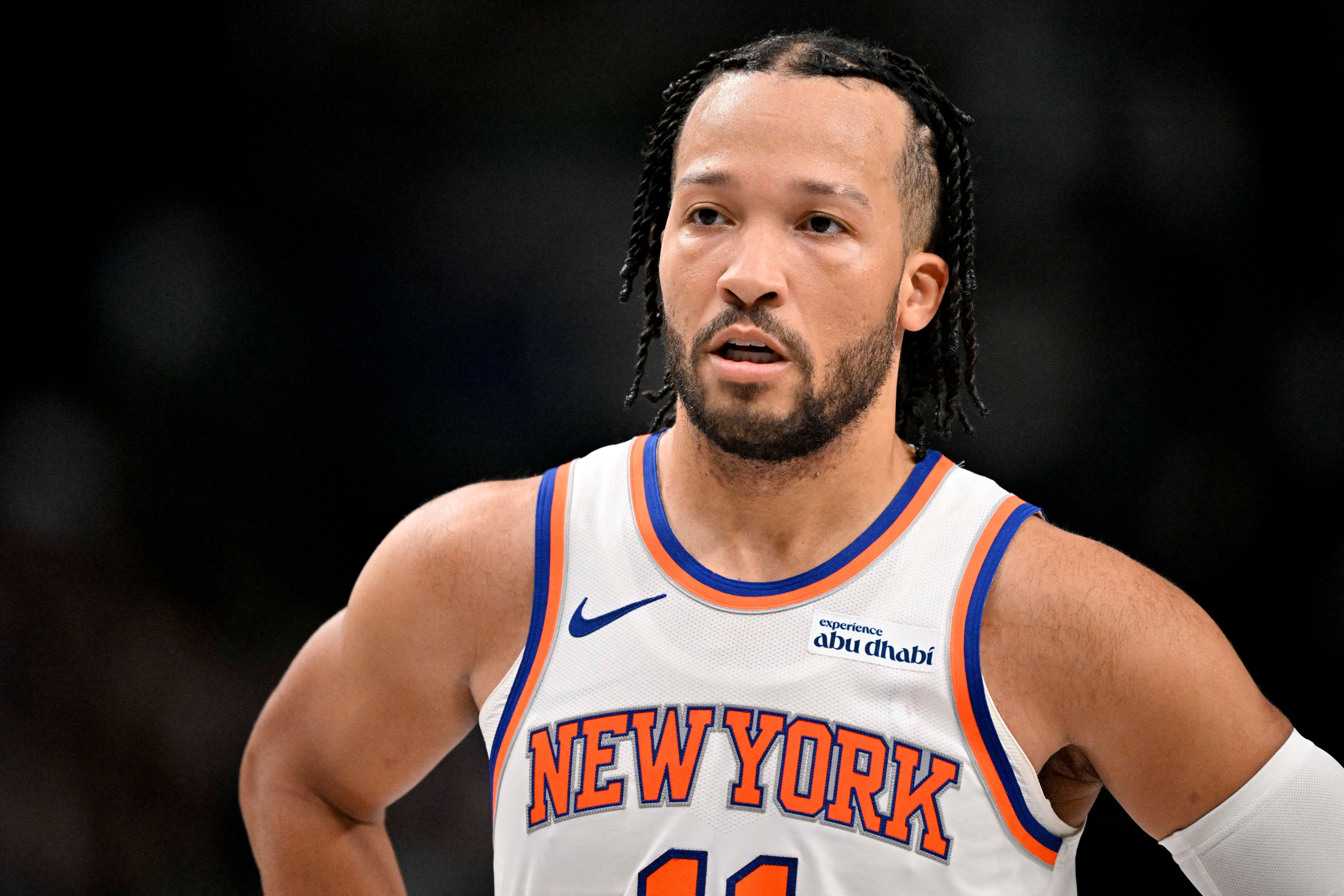 New York Knicks guard Jalen Brunson (11), seen here looking on during a game, is featured in our Knicks vs. Cavaliers player props today.