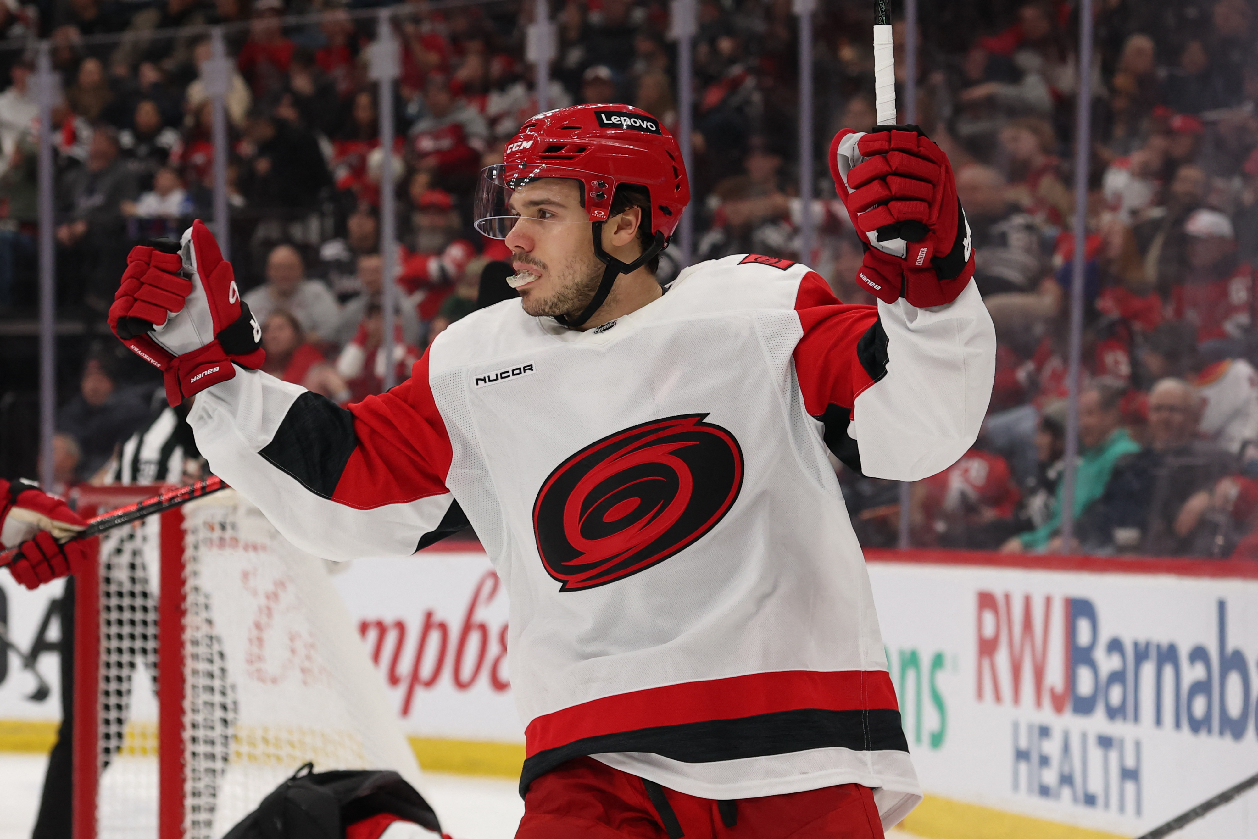 Carolina Hurricanes center Logan Stankoven (22) celebrates his goal as we provide our Hurricanes vs. Flyers prediction for Game 3 today.