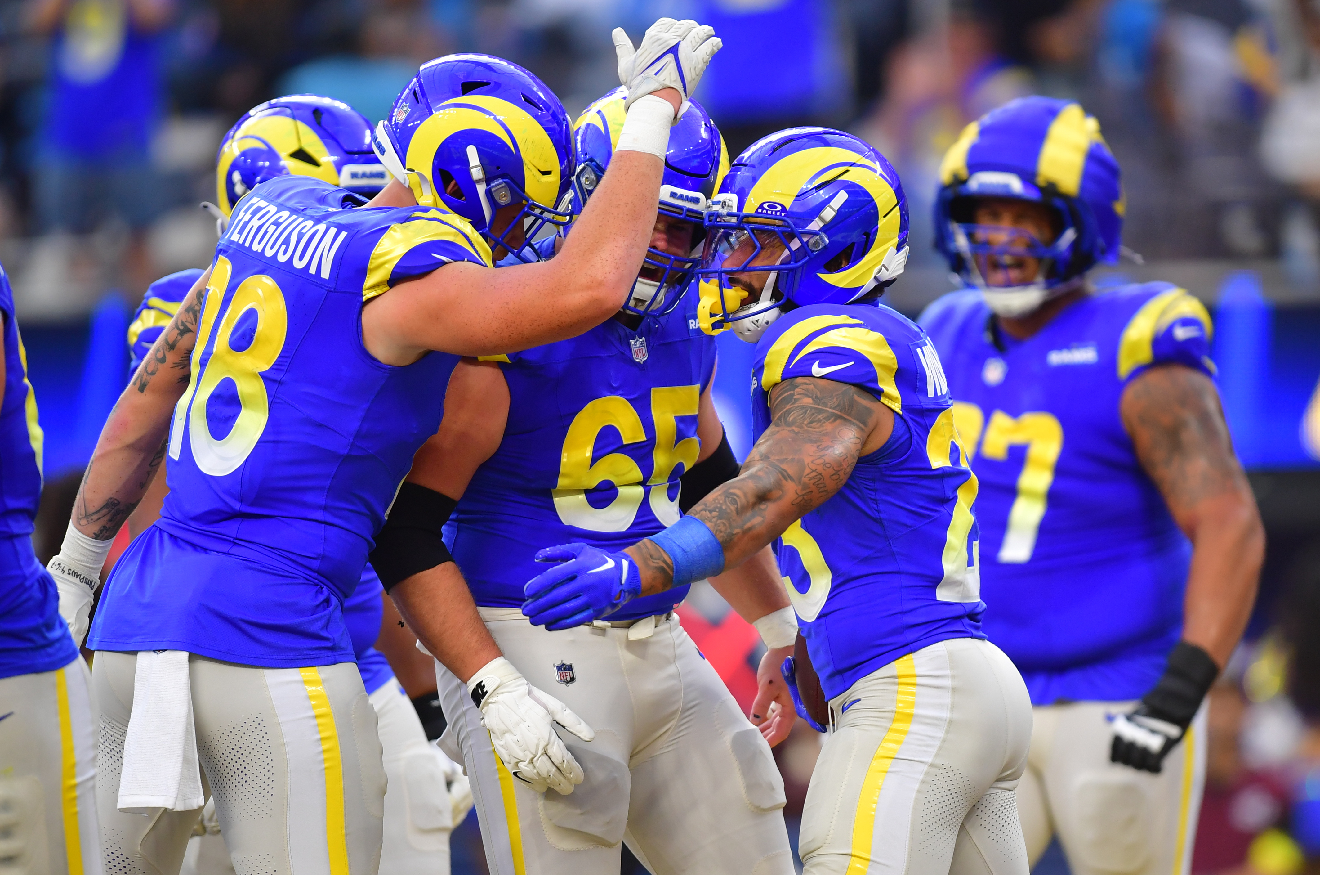 Los Angeles Rams tight end Terrance Ferguson (18) celebrates with Los Angeles Rams running back Kyren Williams (23) as we break down our Rams vs. Seahawks expert picks for Thursday Night Football.