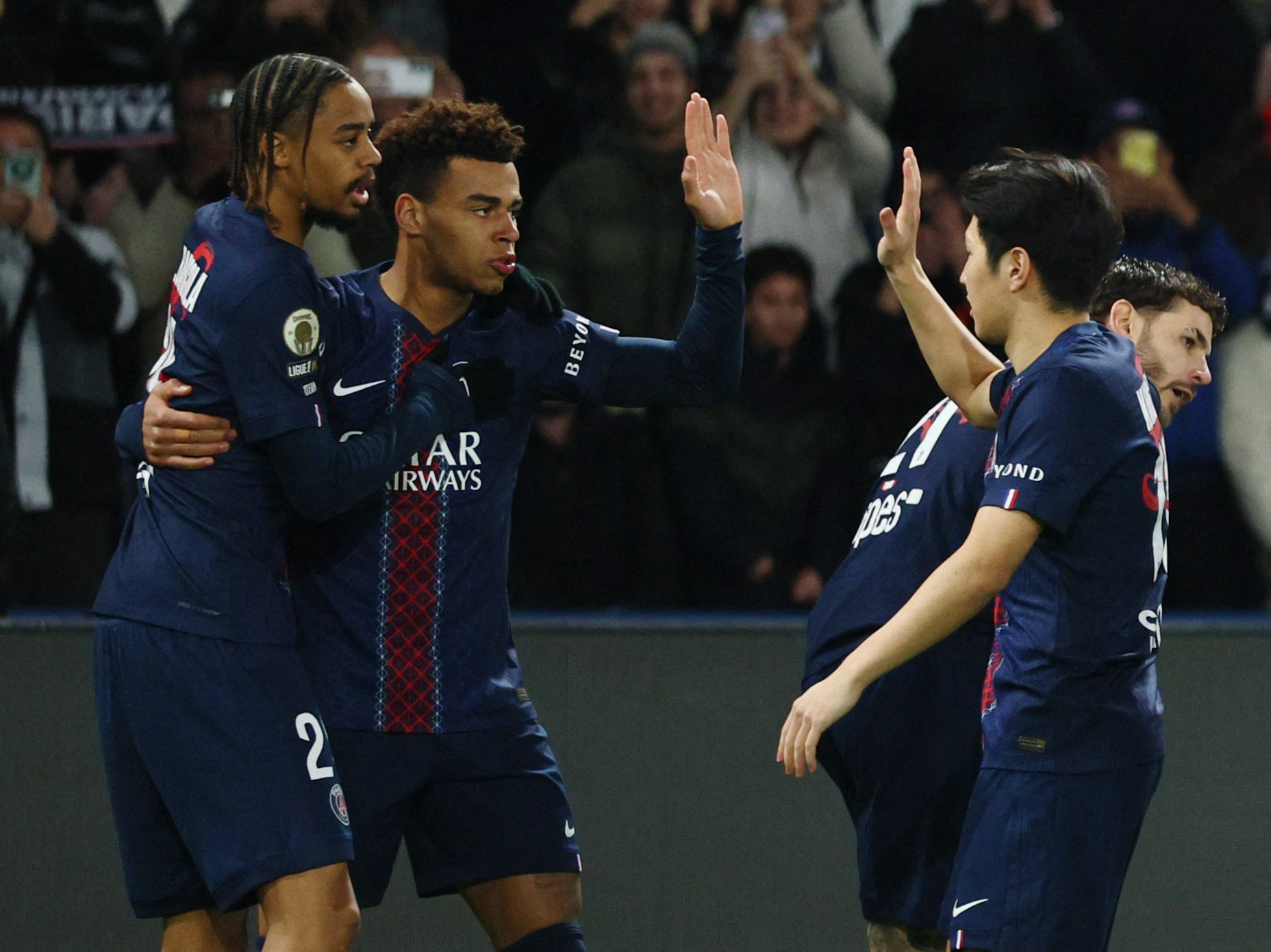 Desire Doue celebrates scoring a goal with Bradley Barcola, Lee Kang-in and Lucas Hernandez as we provide our PSG vs. Monaco same-game parlay.
