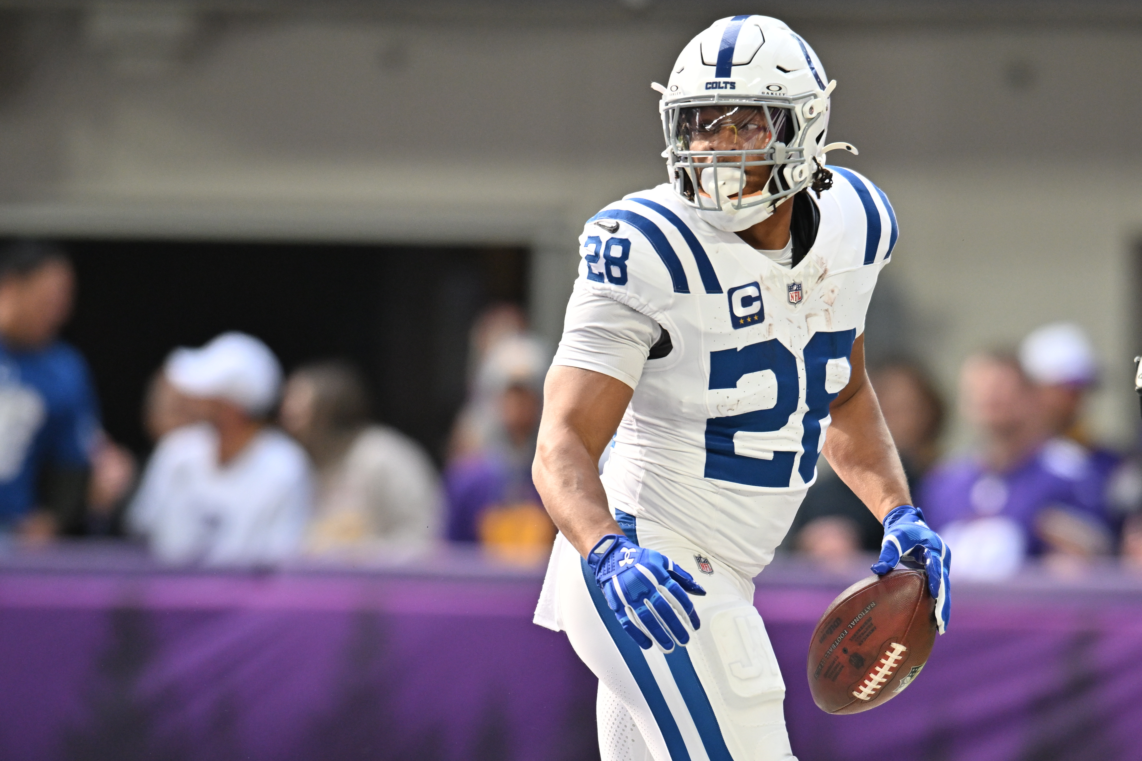 Indianapolis Colts running back Jonathan Taylor (28) reacts as he is featured in our NFL 2+ touchdown scorer predictions.