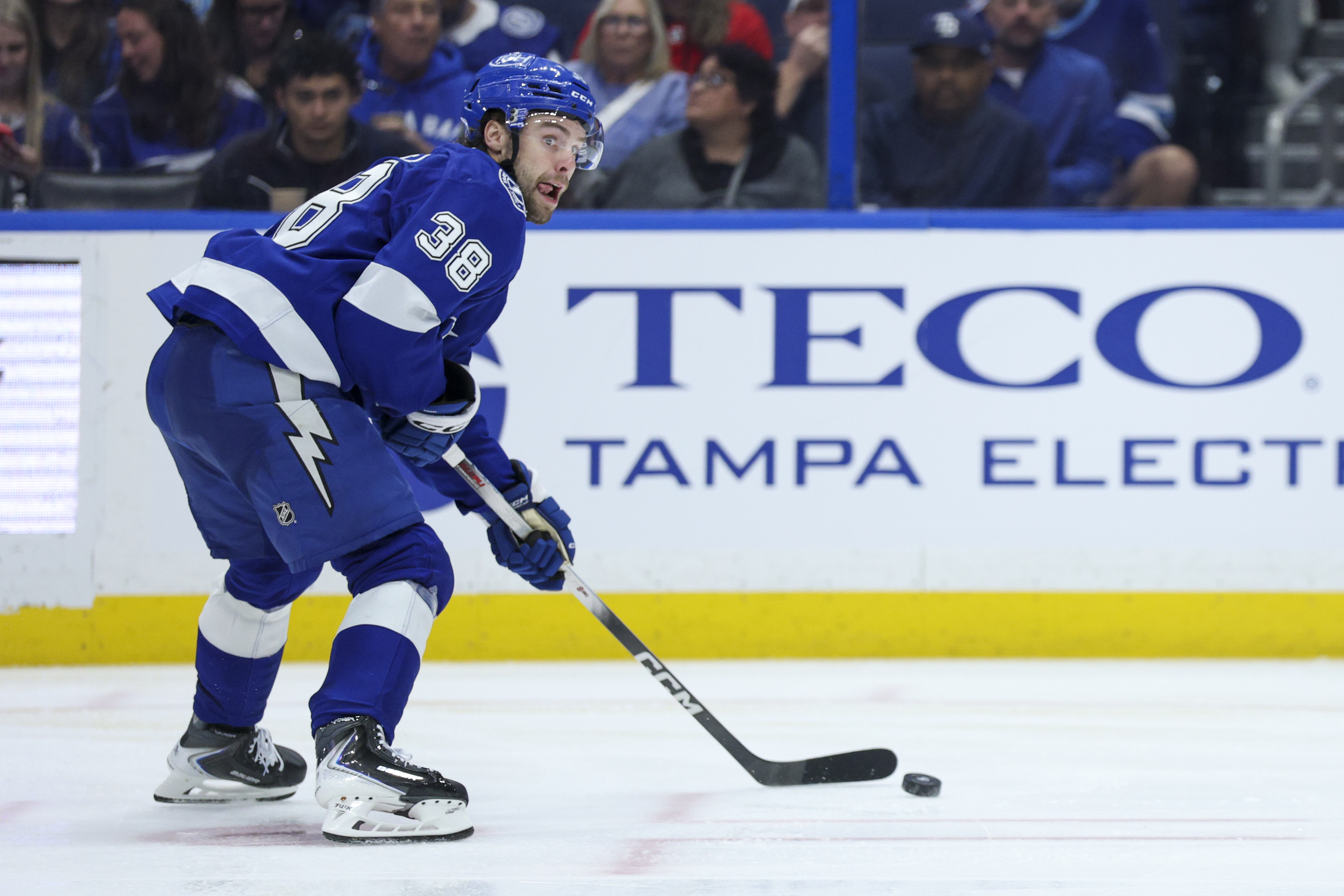 Tampa Bay Lightning left wing Brandon Hagel - who's featured in my Wild vs. Lightning prediction - controls the puck. 