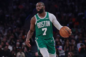 Boston Celtics guard Jaylen Brown dribbles up court as we make our best Cavaliers vs. Celtics player props.