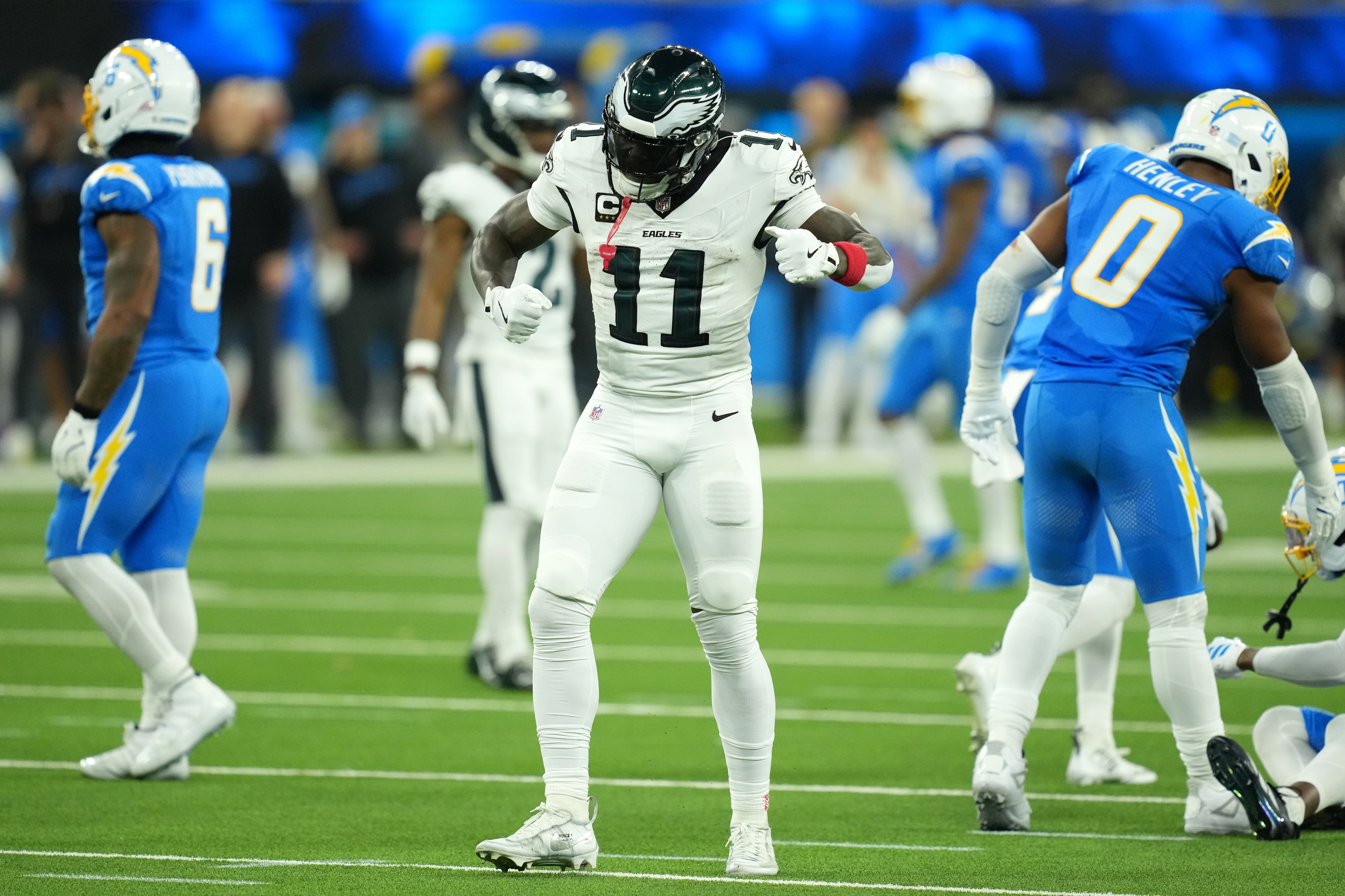 Philadelphia Eagles wide receiver A.J. Brown (11) reacts as he is featured in our Eagles vs. Commanders predictions & odds.