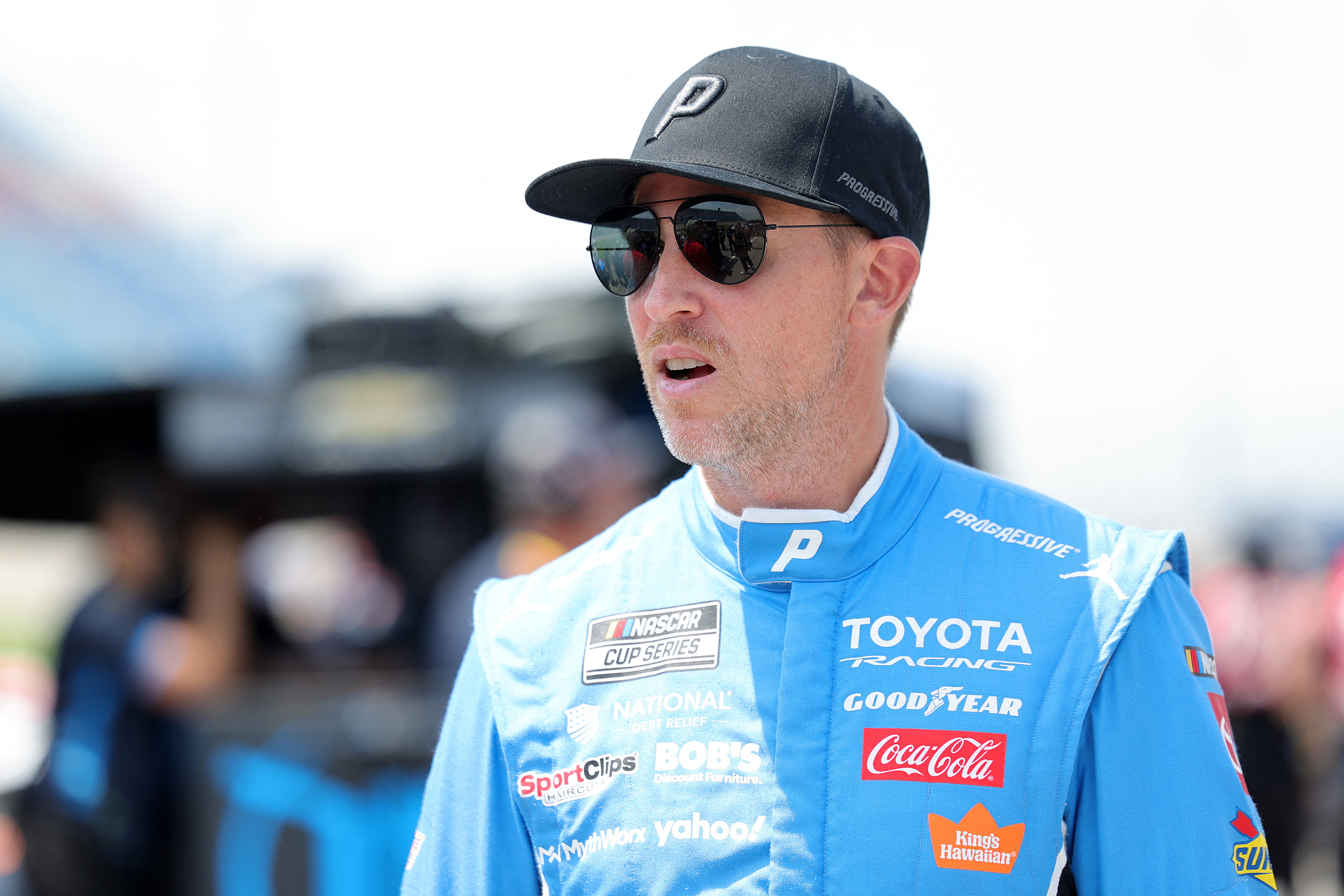 NASCAR Cup Series driver Denny Hamlin (11) looks on as we break down our NASCAR predictions at North Wilkesboro.