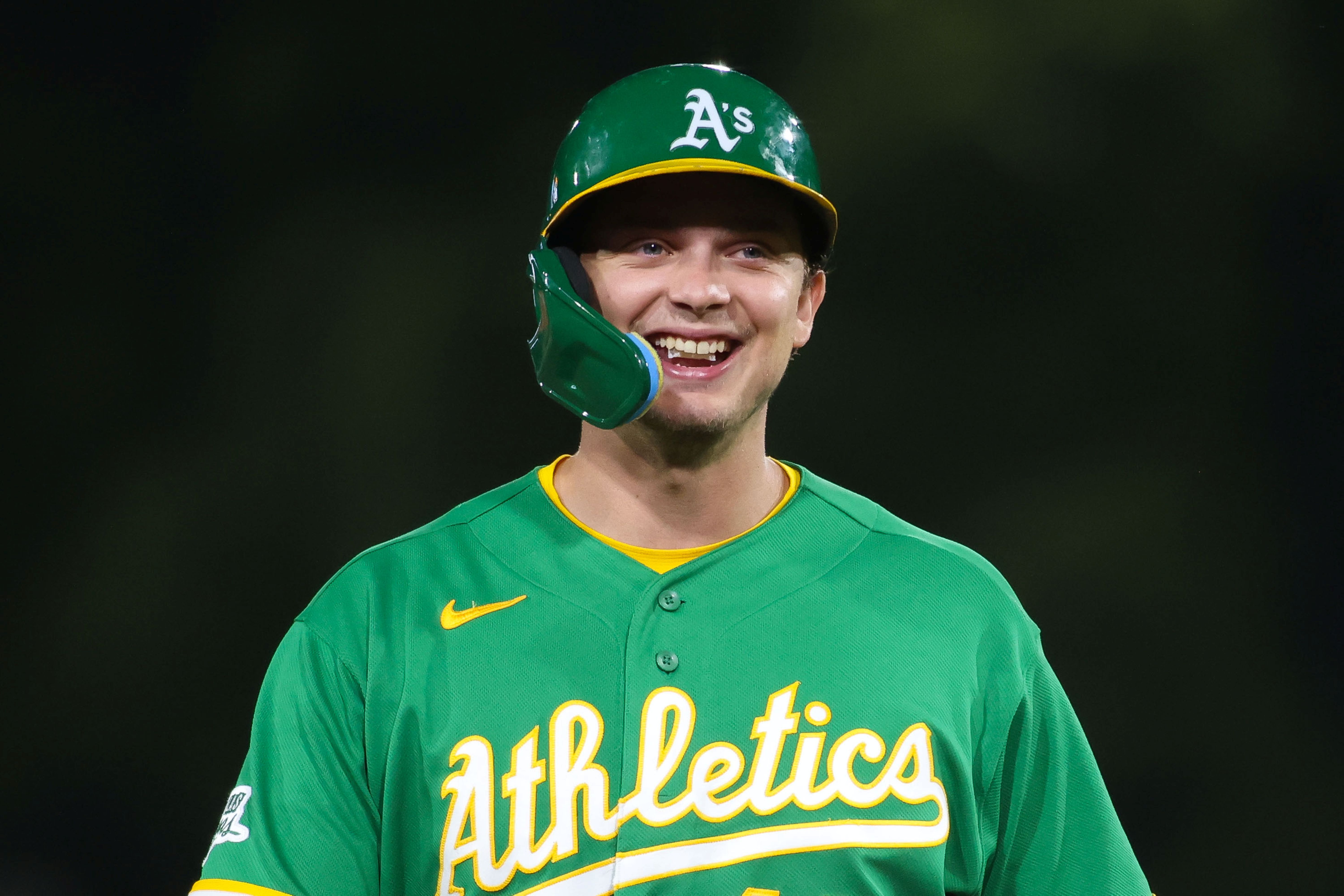 Athletics first baseman Nick Kurtz smiles during a pitching change, and he's featured in our home run predictions today.