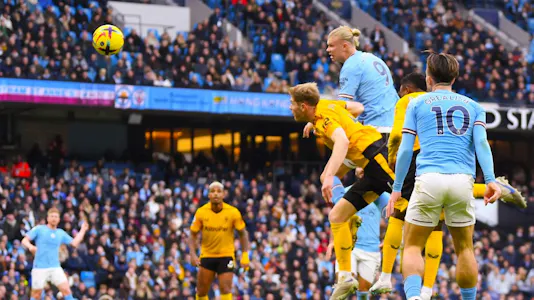 Manchester City forward Erling Haaland scores a goal during the Premier League match between Manchester City and Wolverhampton Wanderers on Jan. 22, 2023 at Etihad Stadium in Manchester, England.