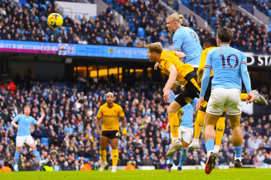 Manchester City forward Erling Haaland scores a goal during the Premier League match between Manchester City and Wolverhampton Wanderers on Jan. 22, 2023 at Etihad Stadium in Manchester, England.