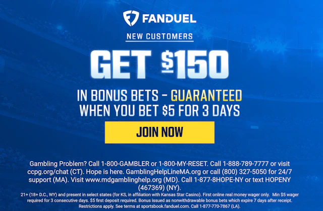 FanDuel Sportsbook new customer promo: 'Get $150 in bonus bets guaranteed when you bet $5 for 3 days.'