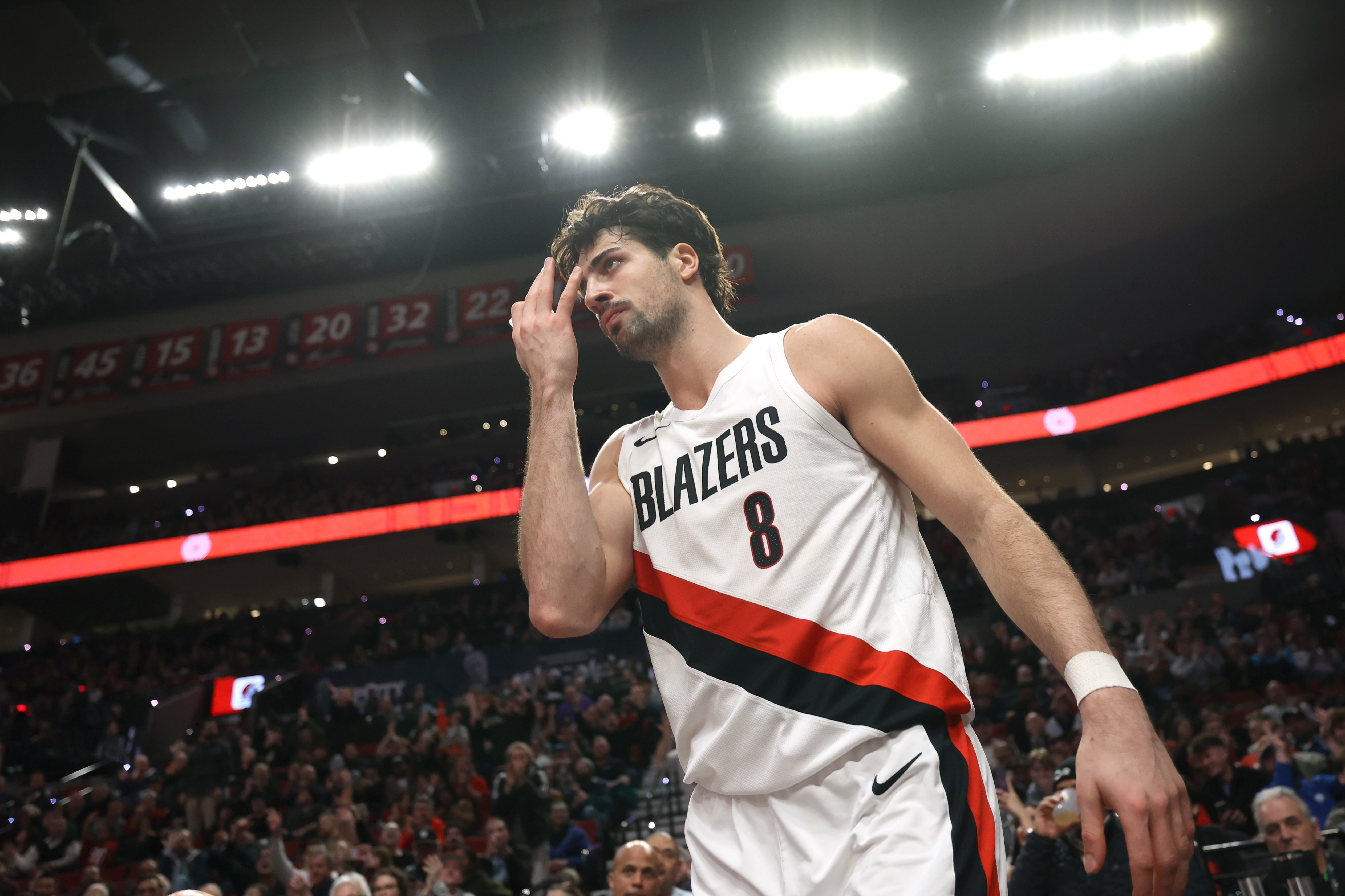 Portland Trail Blazers forward Deni Avdija (8), seen here reacting after scoring, is the leader in the NBA Most Improved Player odds.