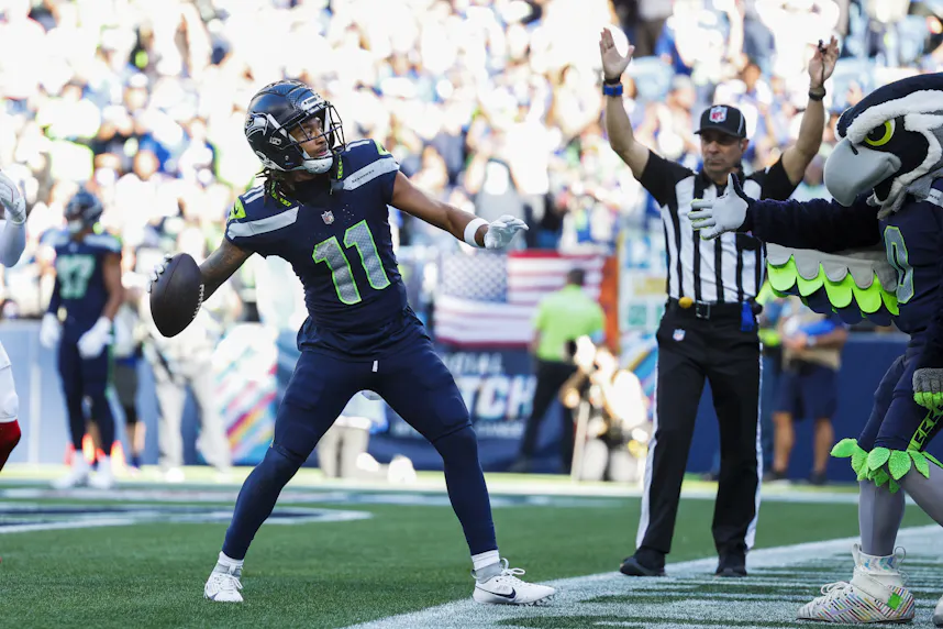 Seattle Seahawks wide receiver Jaxon Smith-Njigba celebrates as we offer our 49ers vs. Seahawks prediction tonight for Thursday Night Football.