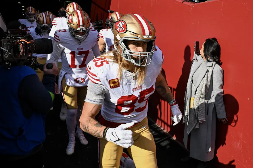 George Kittle of the San Francisco 49ers takes the field prior to a game against the Washington Commanders as we look at our Chiefs-49ers promo code for BetRivers.