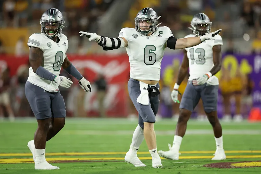 Linebacker Chase Kline of the Eastern Michigan Eagles celebrates after a defensive stop against the Arizona State Sun Devils during the first half at Sun Devil Stadium in Tempe, Arizona. Photo by Christian Petersen/Getty Images via AFP.