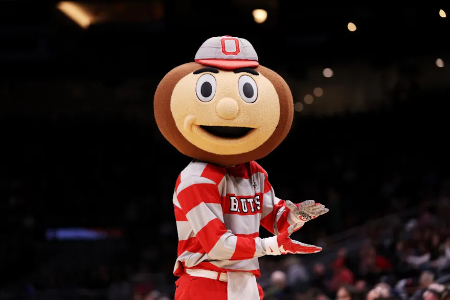 The Ohio State Buckeyes mascot is seen during a game against Virginia Tech in the Elite Eight round of the NCAA Women's Basketball Tournament at Climate Pledge Arena in Seattle, Washington. Photo by Steph Chambers/Getty Images via AFP.