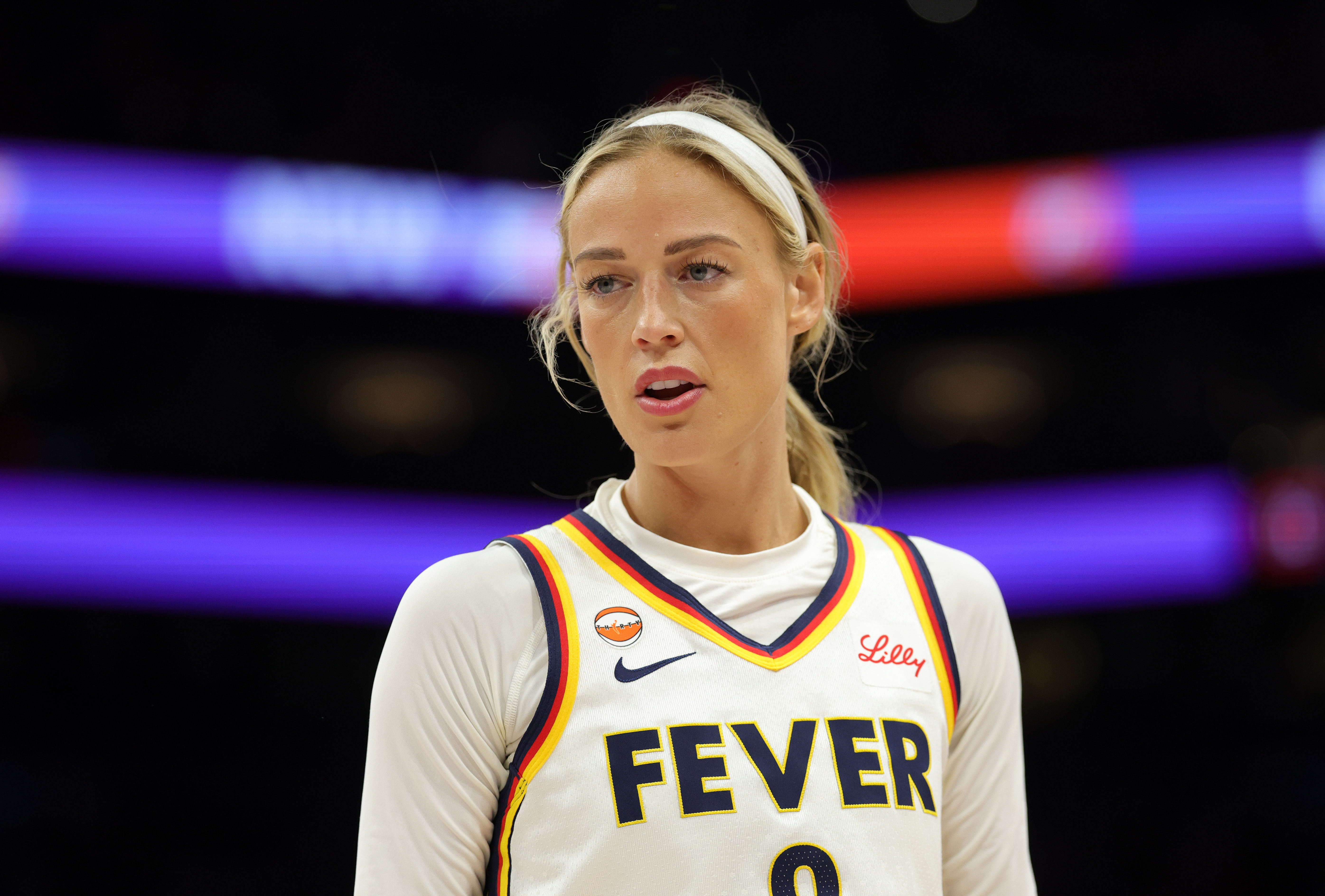 Indiana Fever guard Sophie Cunningham (8) looks on as we break down our Liberty vs. Fever prediction.