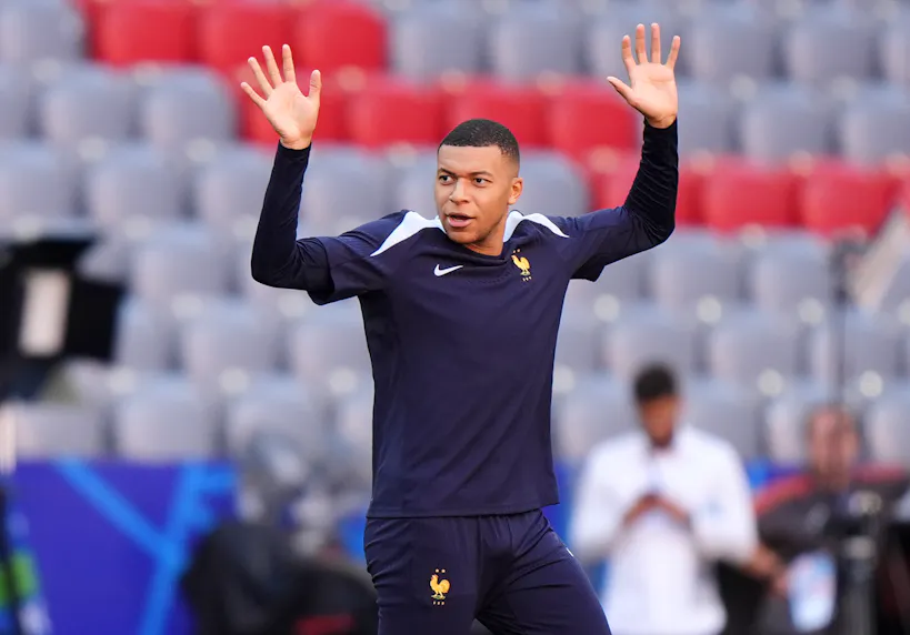 France's Kylian Mbappe during a training session as Gary Pearson profiles some appealing player props for the Spain vs. France Euro 2024 semifinal.