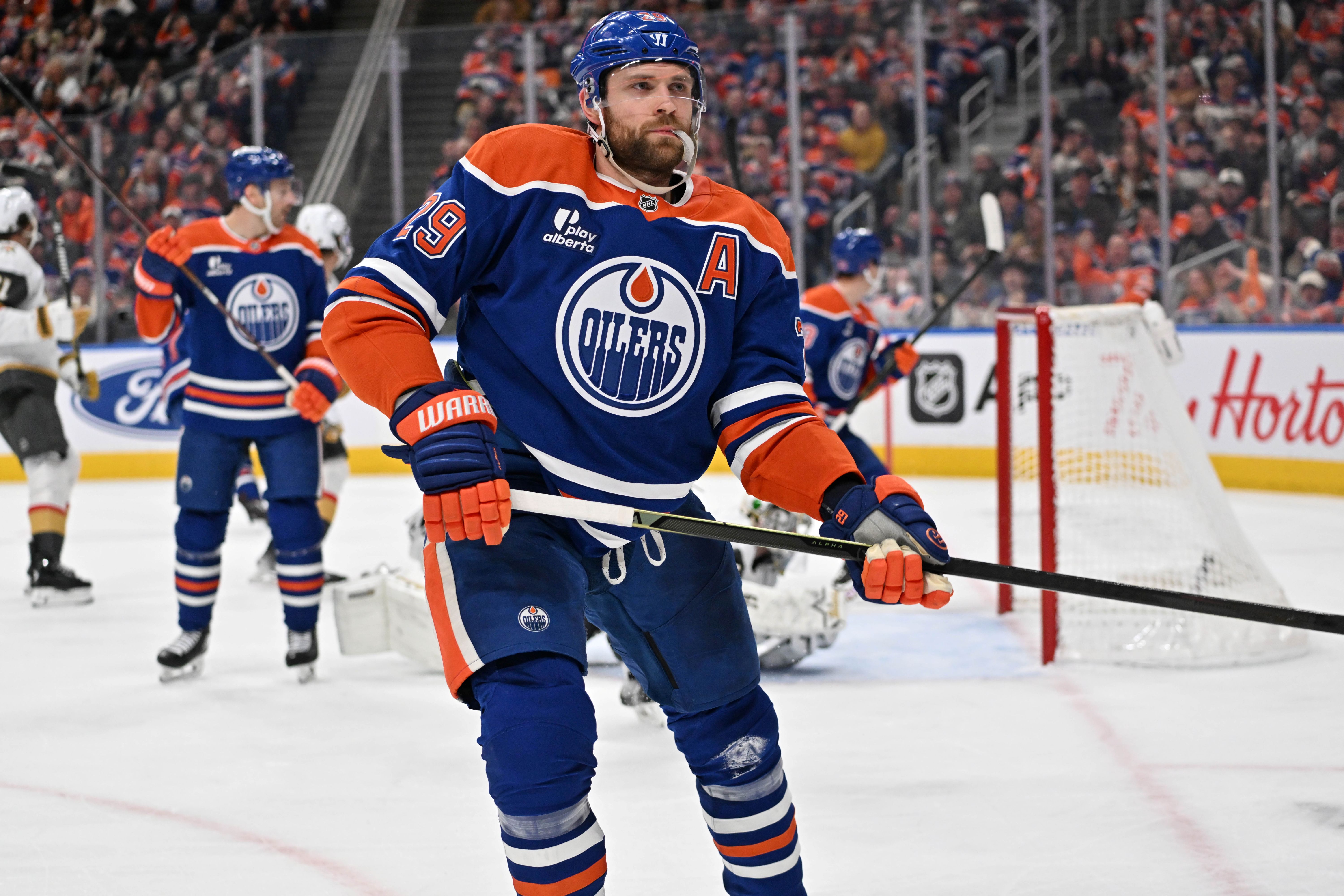 Edmonton Oilers center Leon Draisaitl (29), seen here on the ice, is featured in our NHL anytime goal scorer predictions tonight.