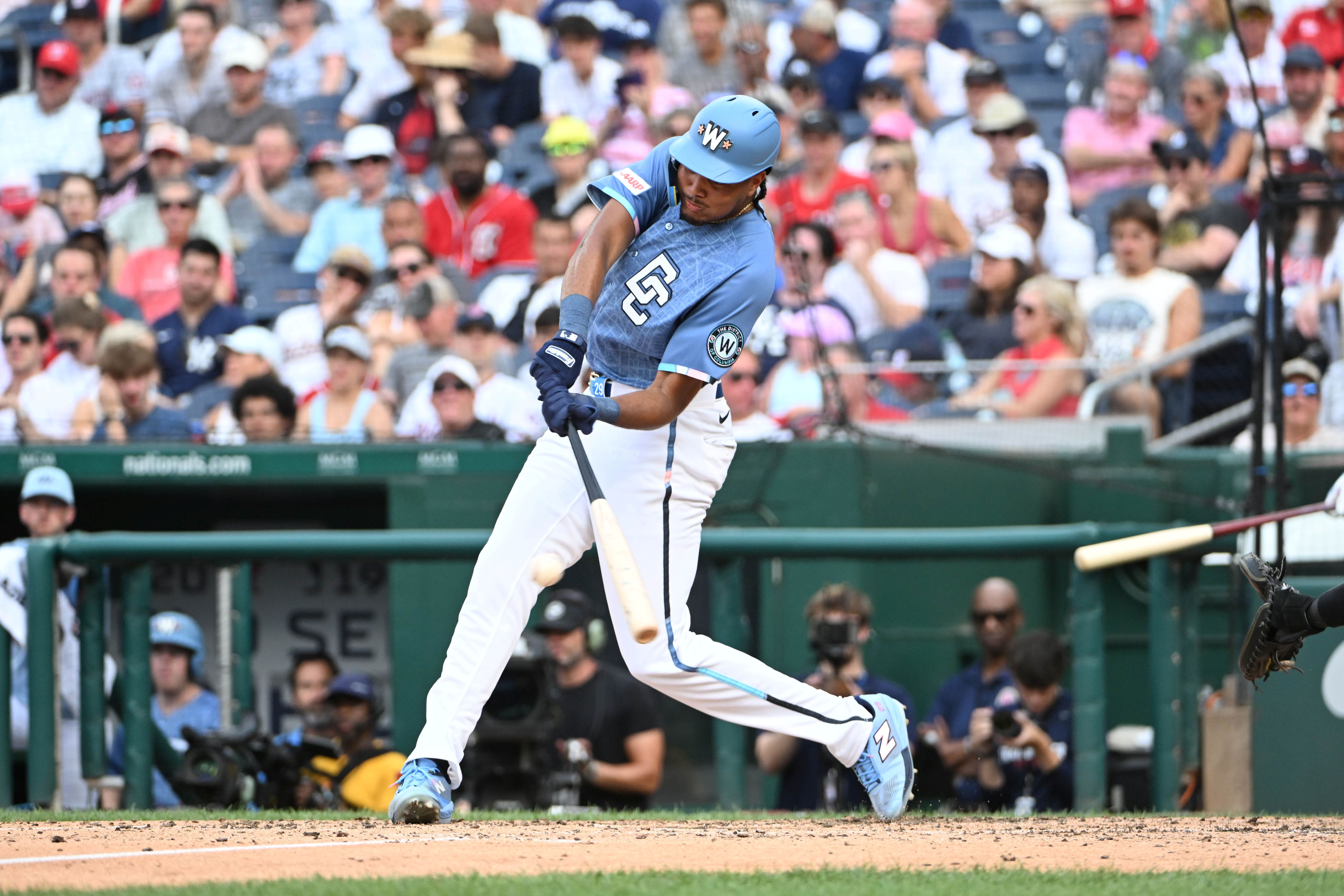 Washington Nationals right fielder James Wood at bat as we make our best home run predictions today.