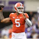 DJ Uiagalelei of the Clemson Tigers throws a pass against the Furman Paladins during the first quarter at Memorial Stadium.