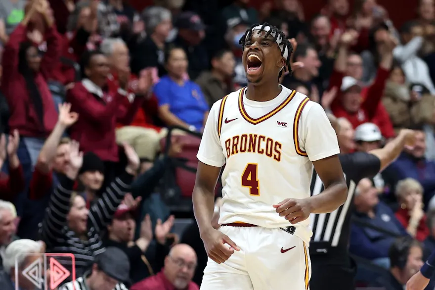 Adama Bal of the Santa Clara Broncos reacts after making a basket against the Gonzaga Bulldogs. In our Santa Clara vs. Saint Mary's prediction, we expect Bal to help the Broncos cover.