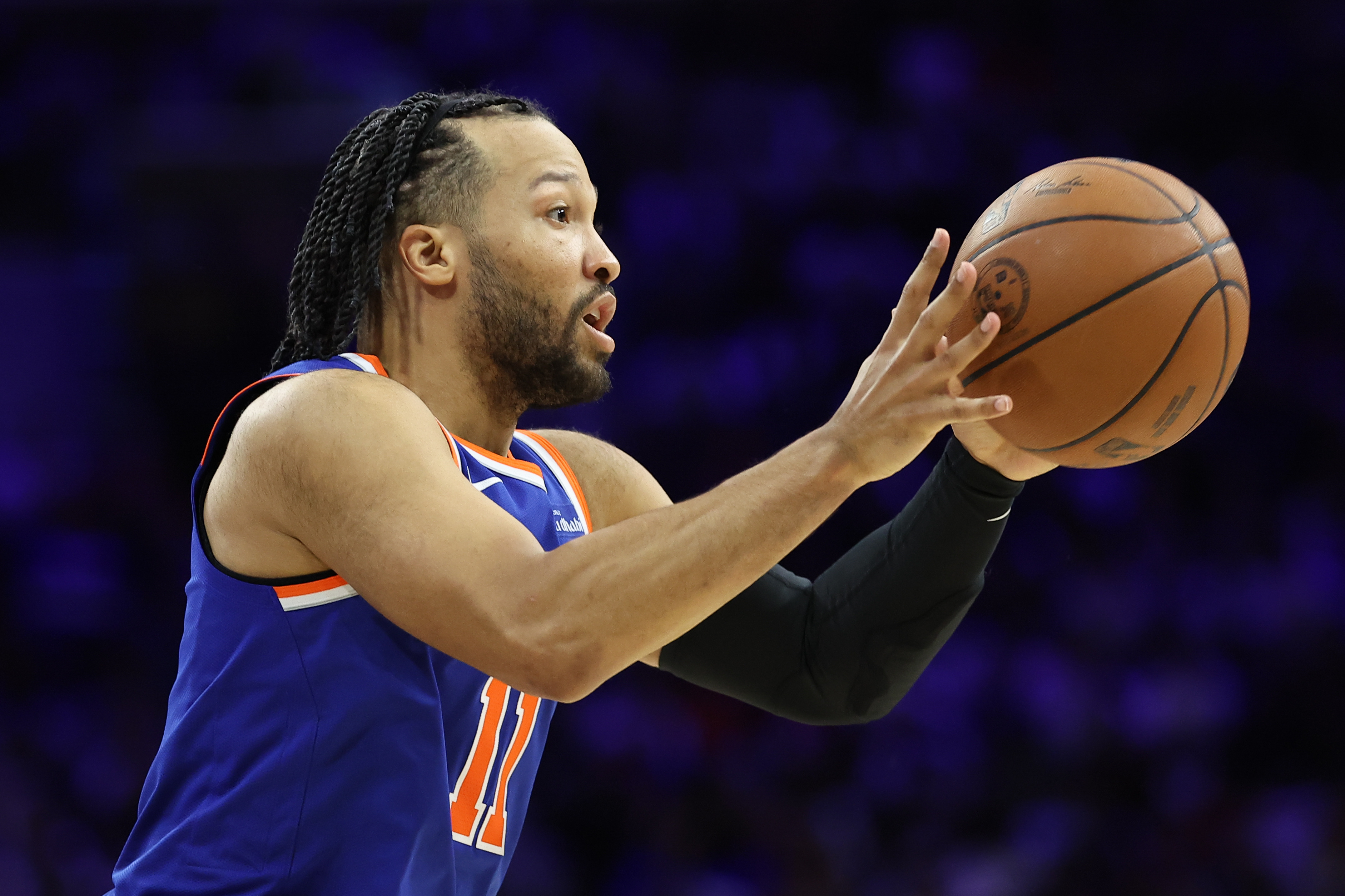 New York Knicks guard Jalen Brunson (11) catches a pass as we break down our Why the Knicks Will Win NBA Championship.
