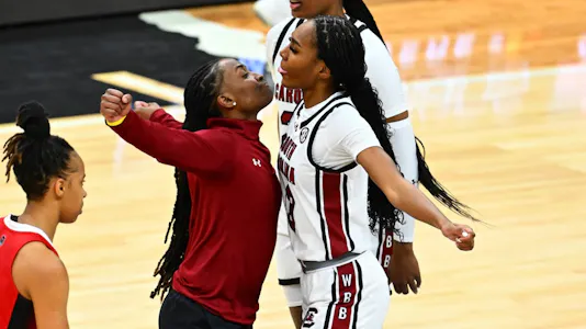 Bree Hall #23 of the South Carolina Gamecocks reacts in the second half as we look at our Caesars promo code for the women's national championship