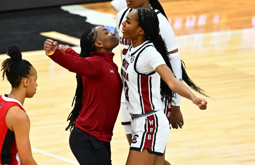 Bree Hall #23 of the South Carolina Gamecocks reacts in the second half as we look at our Caesars promo code for the women's national championship