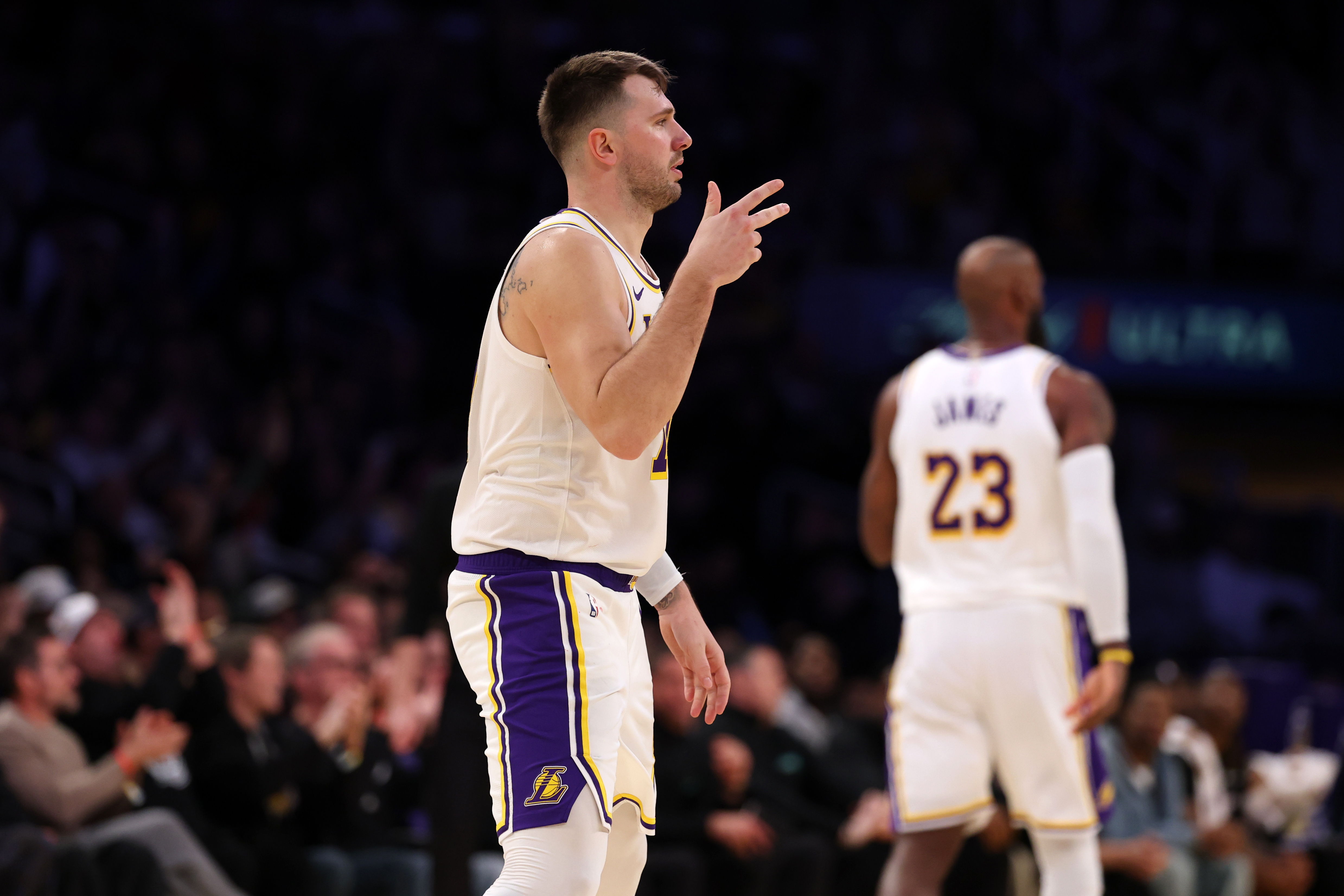 Los Angeles Lakers forward Luka Doncic (77), seen here reacting after a made 3-pointer, leads our Lakers vs. Spurs player props.