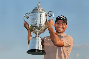 Xander Schauffele of the United States poses with the Wanamaker Trophy as we look at the 2025 PGA Championship odds