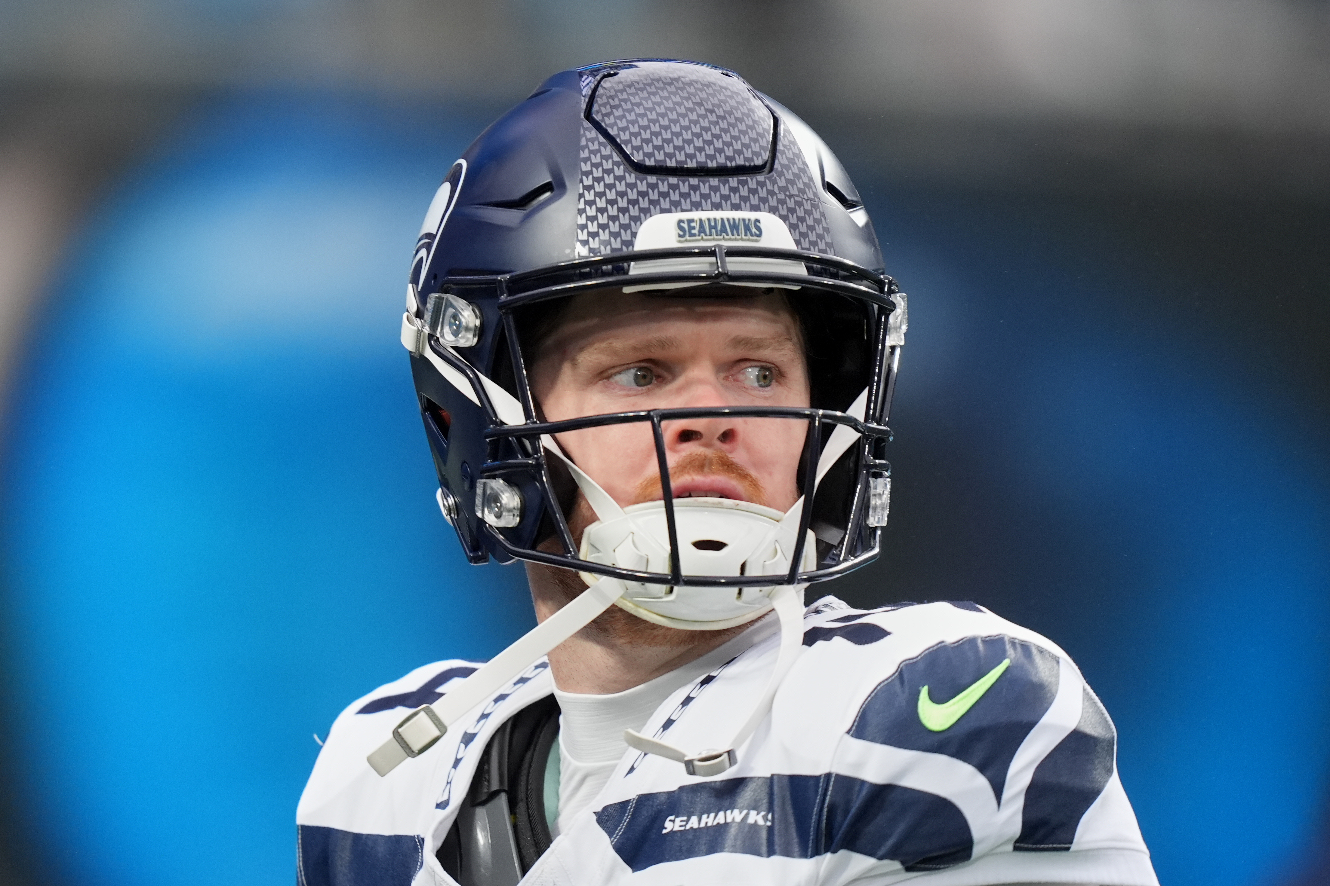 Seattle Seahawks quarterback Sam Darnold (14) looks on as we rank the worst Super Bowl QBs this century.