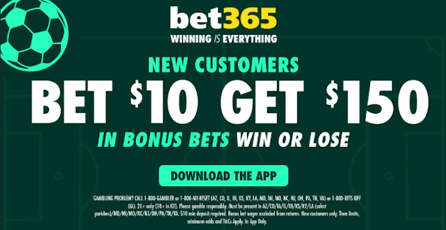 bet365 promo image displaying the text 'bet $10 get $150 in bonus bets win or lose'