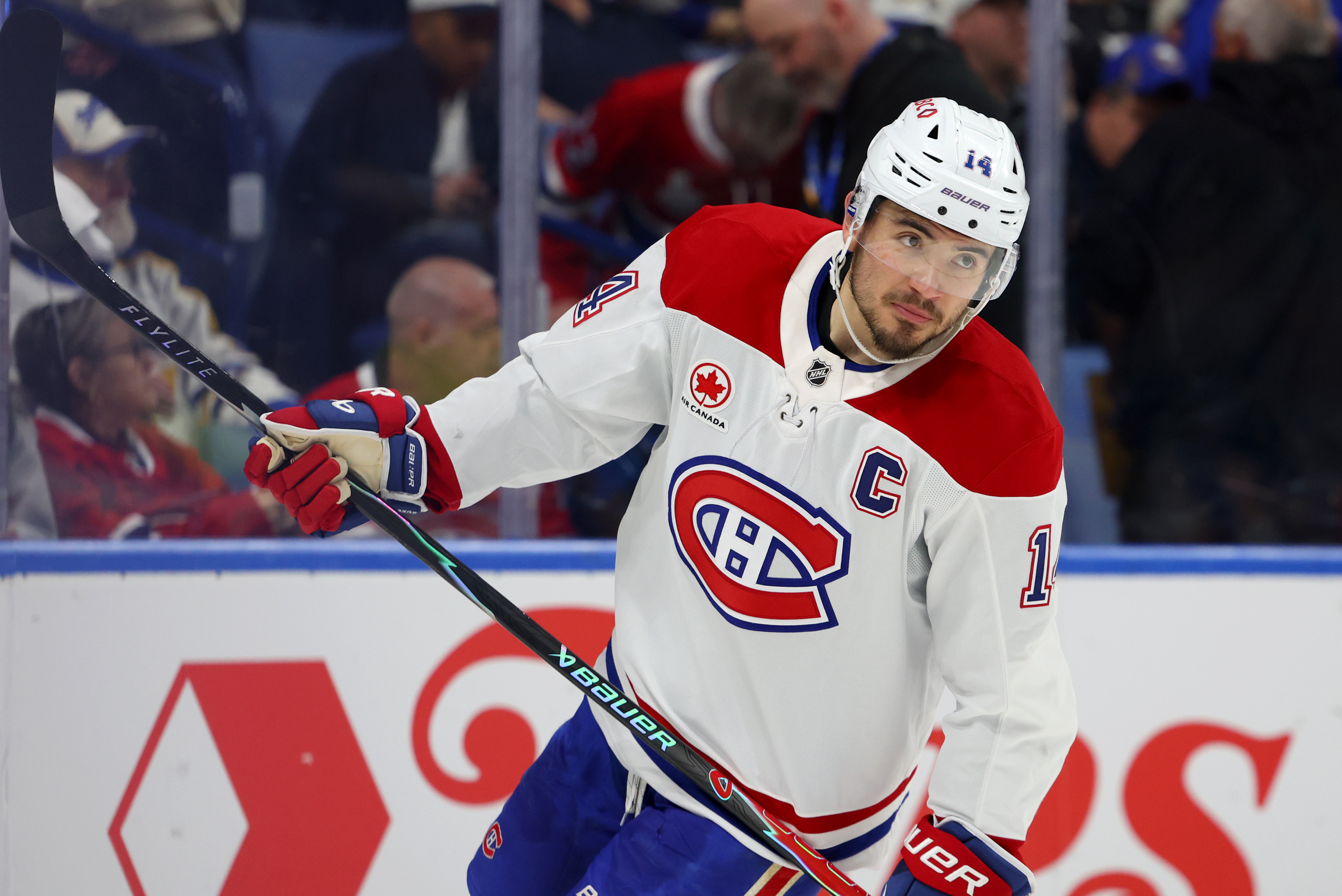 Montréal Canadiens center Nick Suzuki (14) on the ice as we break down our NHL anytime goal scorer predictions tonight.