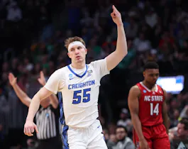 Baylor Scheierman of the Creighton Bluejays reacts after a 3-point basket during the second half against the North Carolina State Wolfpack.