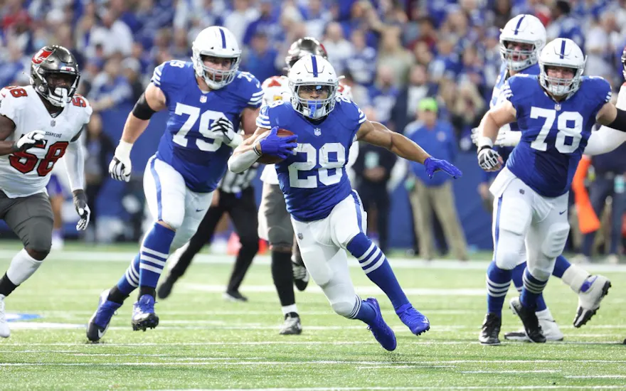 Jonathan Taylor of the Indianapolis Colts during the game against the Tampa Bay Buccaneers at Lucas Oil Stadium.