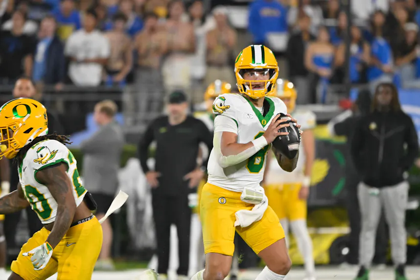 Oregon Ducks quarterback Dillon Gabriel looks for a receiver against the UCLA Bruins.