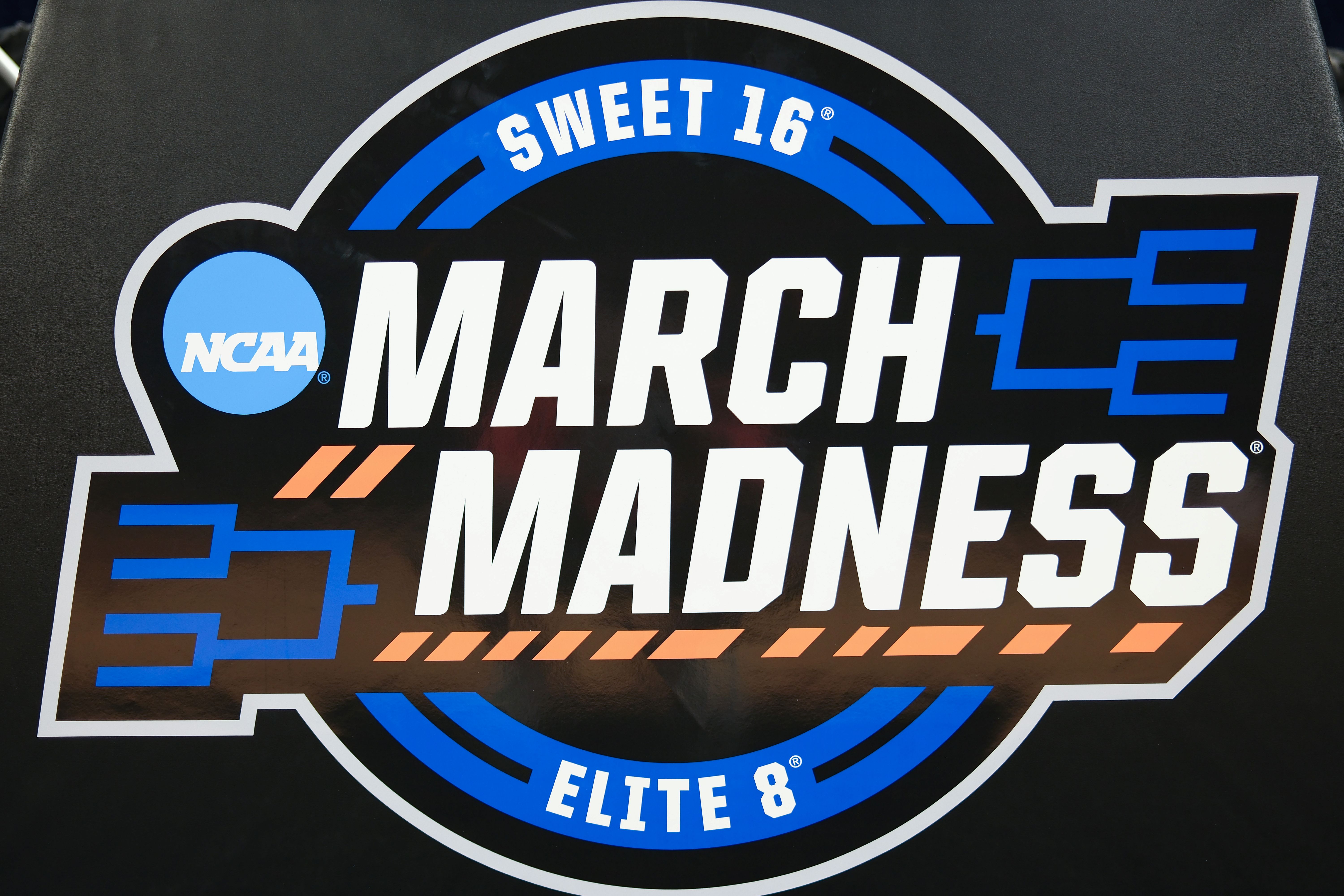 A detailed view of the March Madness Sweet 16 Elite 8 logo during a practice session press conference as we look at DraftKings challenging the trademark claim.