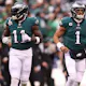 Jalen Hurts #1 of the Philadelphia Eagles takes the field as we look at our Eagles betting preview