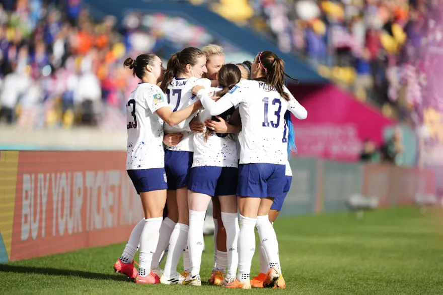Players of United States celebrate a goal during the 2023 FIFA Women's World Cup at Wellington Regional Stadium in Wellington, New Zealand. Photo by Jose Hernandez / Anadolu Agency via AFP.