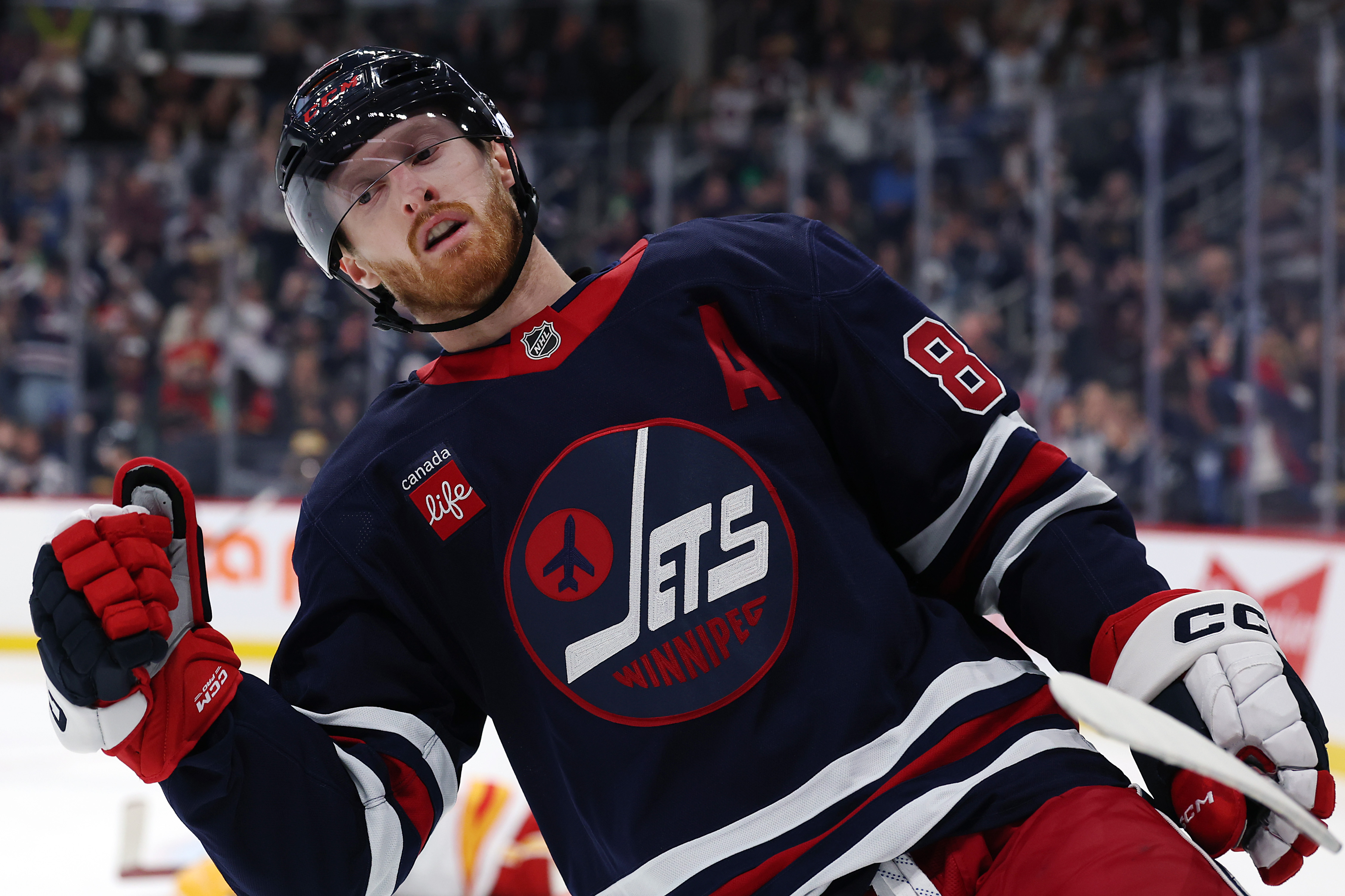 Winnipeg Jets left wing Kyle Connor (81), seen here celebrating a goal, is featured in our Jets vs. Maple Leafs player props.