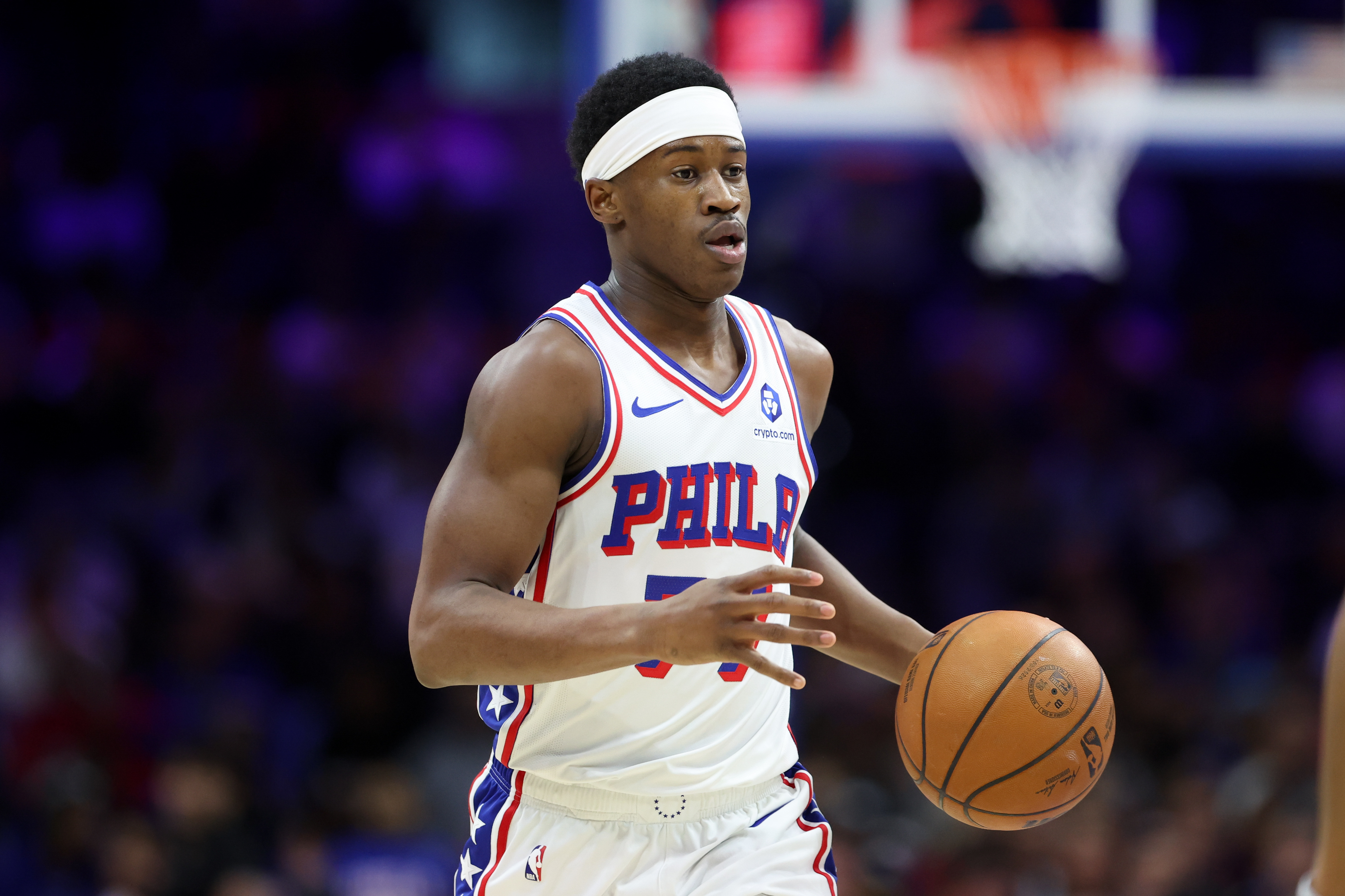 Philadelphia 76ers guard VJ Edgecombe (77), seen here controlling the ball, is featured in our NBA player props tonight.