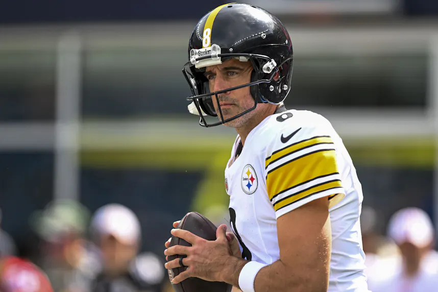 Pittsburgh Steelers quarterback Aaron Rodgers (8) warms up before a game as we dive into our Packers vs. Steelers player prop bets for Sunday Night Football.